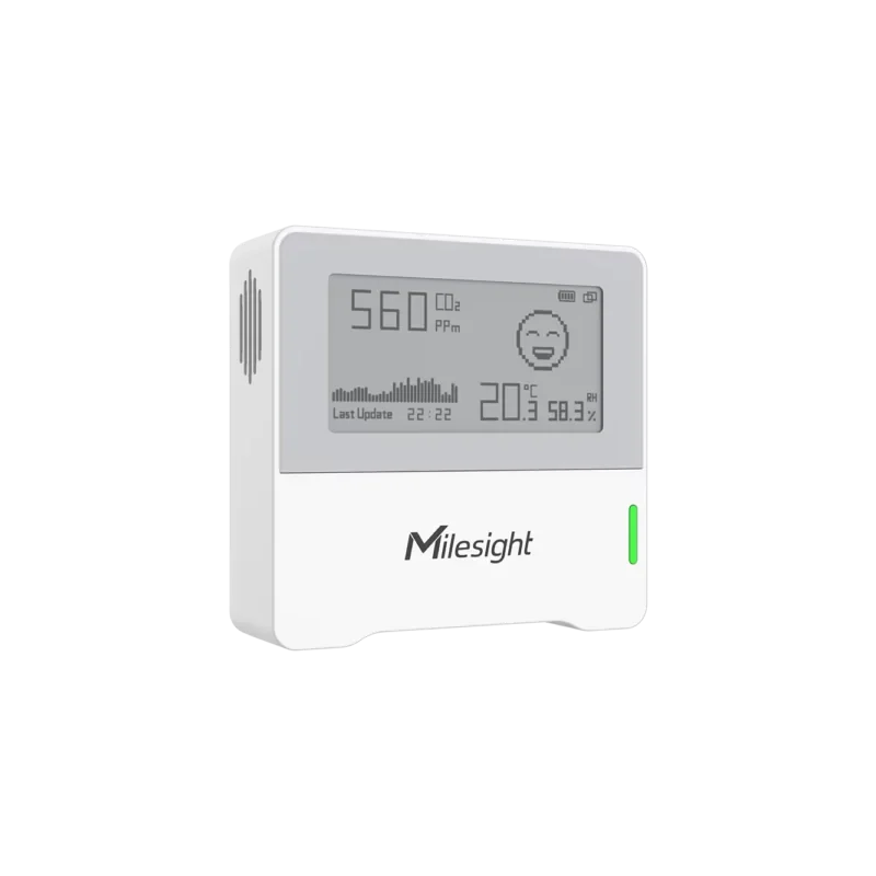 Milesight AM103 - Capteur de température, humidité et CO2 LoRaWAN Capteur CO2 LoRaWAN Milesight AM103 avec écran e-Ink et voyant tricolore, vue de face