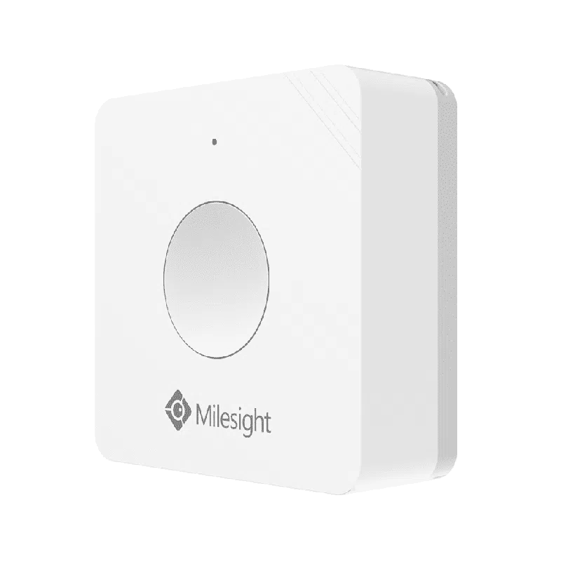 Milesight WS101 - Bouton compact LoRaWAN blanc Bouton LoRaWAN Milesight WS101 version Scène blanche, boîtier compact carré