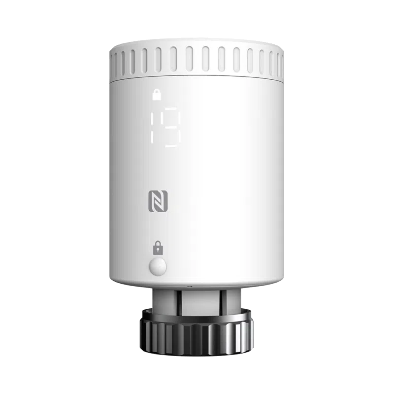Tête thermostatique LoRaWAN Milesight WT101 blanche avec afficheur LED, montée sur radiateur