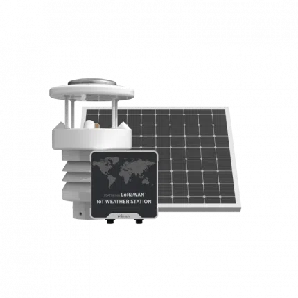 Station météo LoRaWAN Milesight WTS506 avec capteurs, hub et panneau solaire sur mât