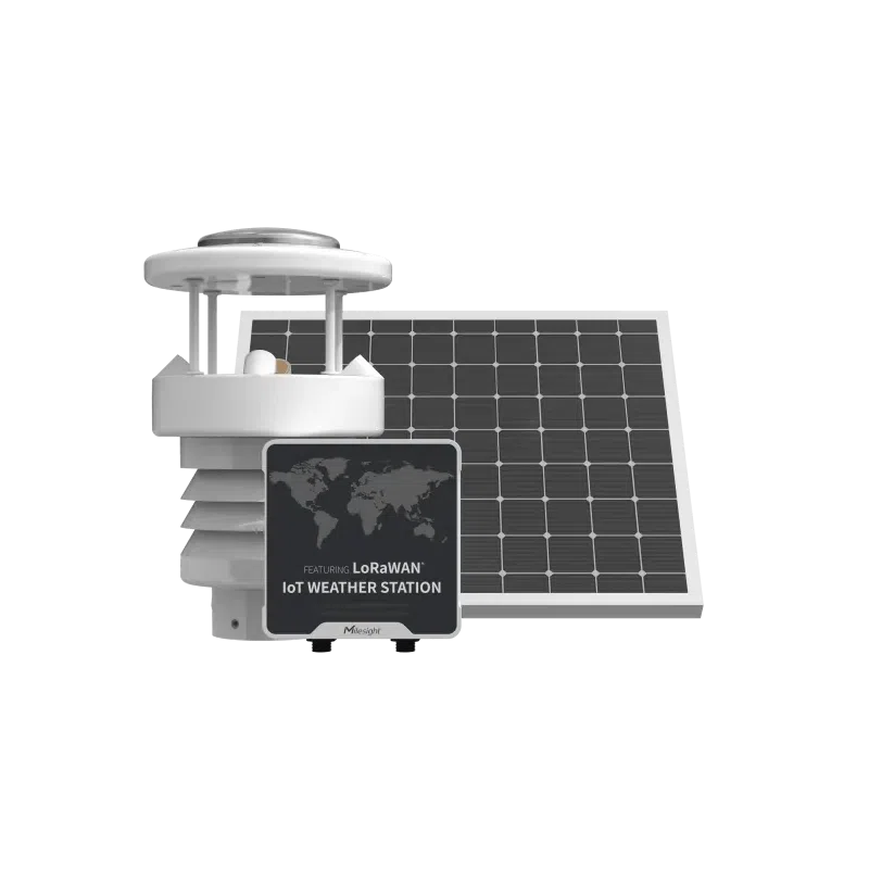 Station météo LoRaWAN Milesight WTS506 avec capteurs, hub et panneau solaire sur mât