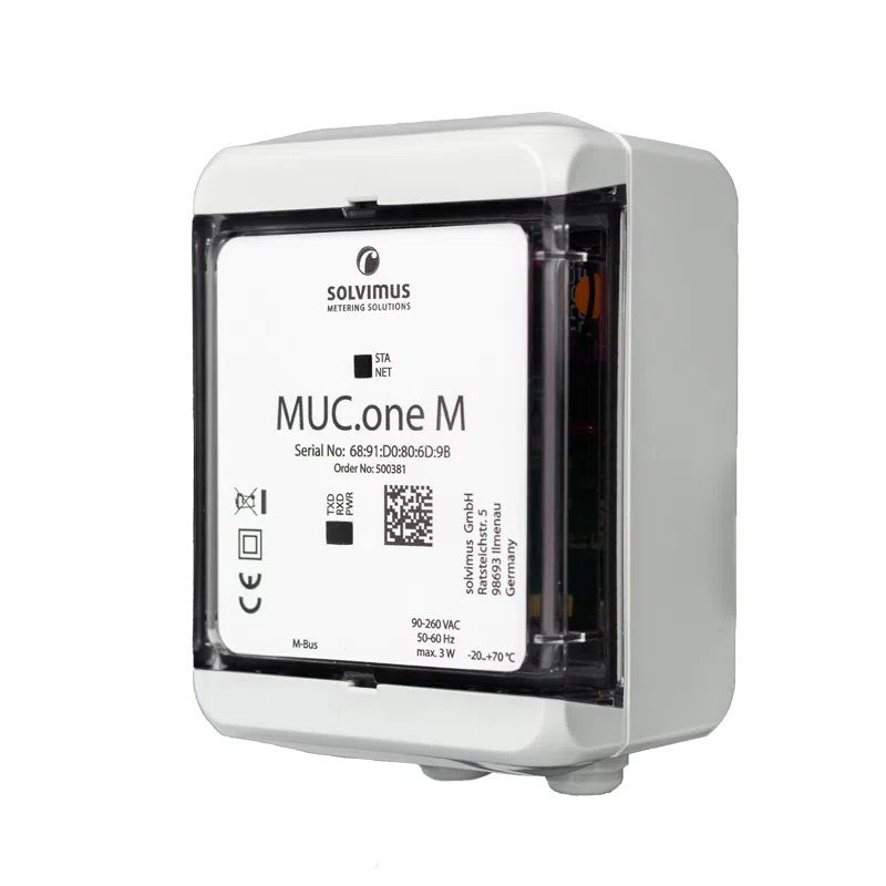 Solvimus MUC ONE - Passerelle M-Bus ou wM-Bus vers Wi-Fi et NB-IoT Passerelle compacte Solvimus MUC.one en boîtier mural IP67 pour relevé NB-IoT