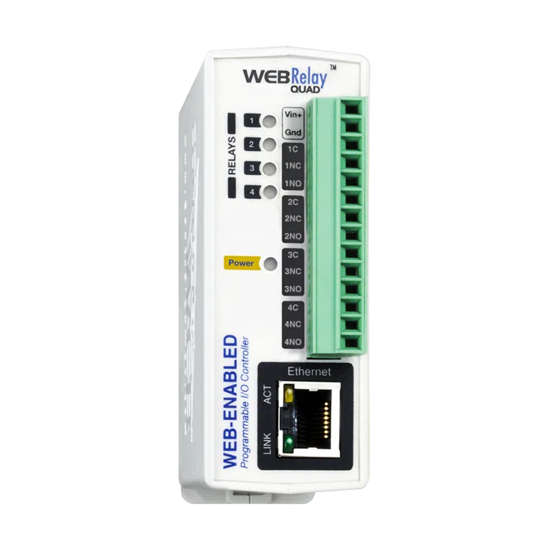 ControlByWEB WebRelay-Quad X-WR-444 – Module 4x relais contrôlables par Web Relais IP quatre voies ControlByWEB WebRelay-Quad X-WR-444, boîtier rail DIN vue de face