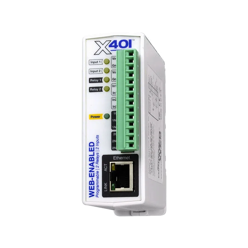 ControlByWEB X-401 - Module de 2x entrées numériques et 2x sorties relais sur IP Module E/S Ethernet ControlByWEB X-401 avec deux relais et deux entrées, vue de face
