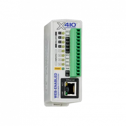 Module E/S Ethernet ControlByWEB X-410 avec quatre relais et bus 1-Wire, vue de face