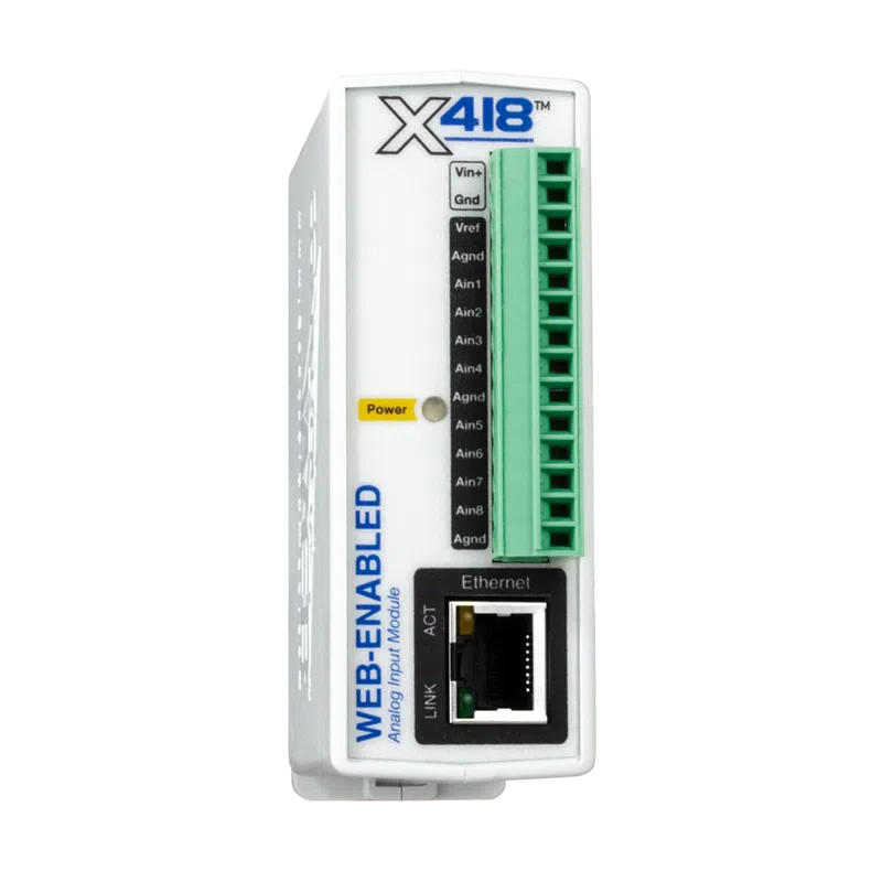 ControlByWEB X-418 – Module sur IP avec 8x entrées analogiques Module ControlByWEB X-418 à huit entrées analogiques Ethernet, boîtier rail DIN vue de face