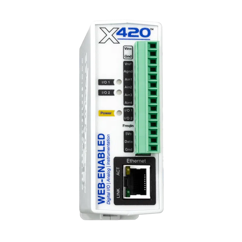ControlByWeb X-420 – Module IP d'acquisition de données avec entrées analogiques, I_O numériques et bus 1-Wire Module d'acquisition analogique Ethernet ControlByWEB X-420 avec bus 1-Wire, vue de face