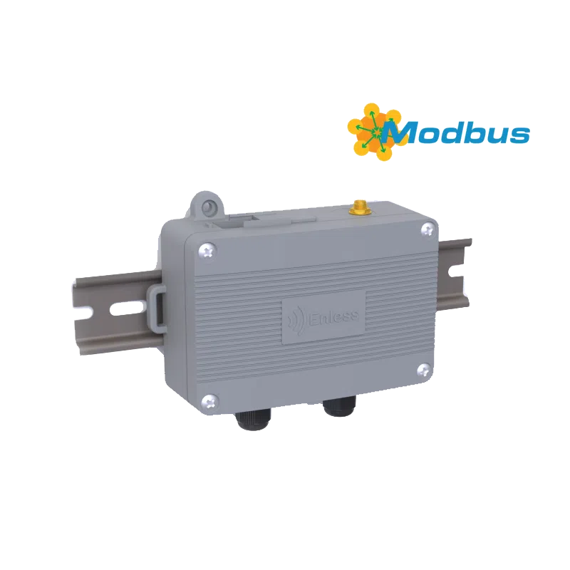 Enless RX MODBUS - Récepteur Modbus TCP_IP & RTU, LoRa propriétaire Enless Récepteur Modbus Enless RX MODBUS 500-302 sur rail DIN, vue de trois quarts
