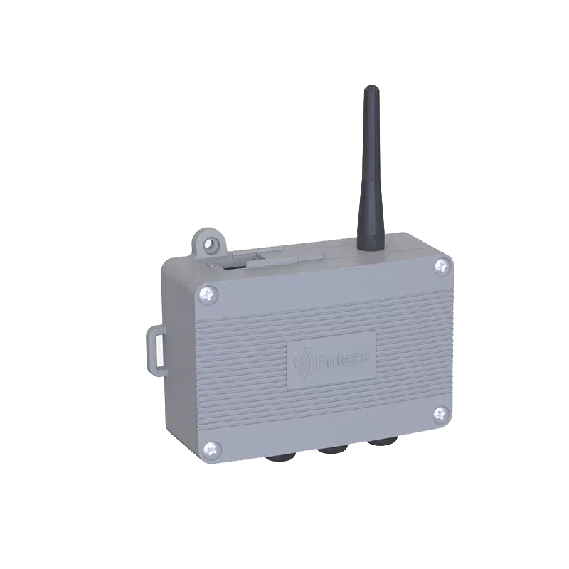 Enless TX IO - Module de 2x entrées et 4x sorties LoRaWAN Module d'entrées et sorties LoRa Easy Enless TX IO 600-040 avec antenne, vue de trois quarts