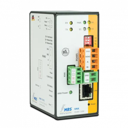 Passerelle KNX MBS Double-X vers BACnet et Modbus pour rail DIN, vue de face