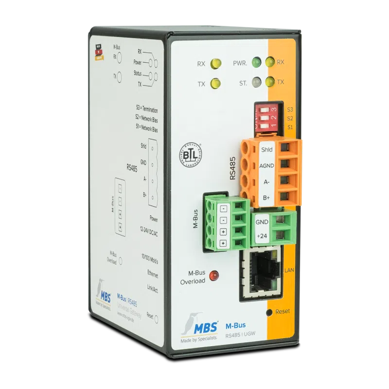 Passerelle M-Bus MBS Double-X vers BACnet et Modbus, boîtier rail DIN, vue de face