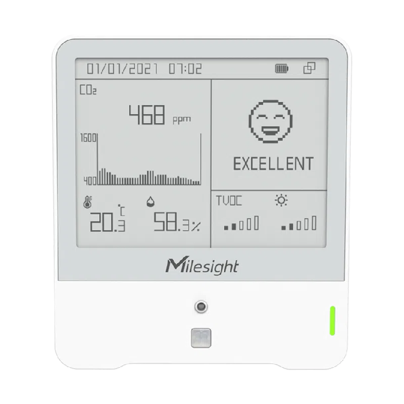 Capteur qualité d'air LoRaWAN Milesight AM308 avec écran e-Ink 4,2 pouces, vue de face