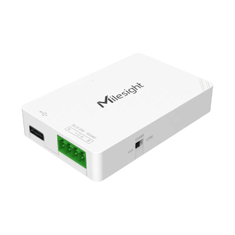 Milesight UC100 - Convertisseur Modbus RS485 vers LoRaWAN Convertisseur Modbus RS485 vers LoRaWAN Milesight UC100 compact blanc, vue de face