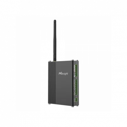 Contrôleur d'E/S industriel Milesight UC300 en boîtier métallique avec borniers et antenne