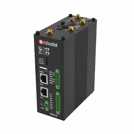 Passerelle edge computing IA Robustel EG5120 en boîtier métal avec connecteurs d'antennes