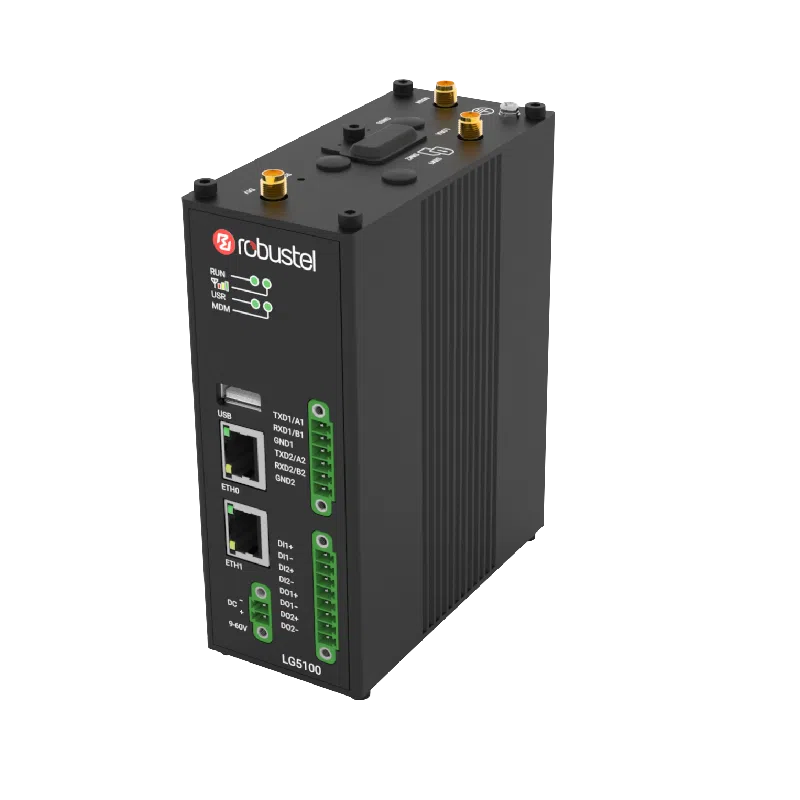 Robustel LG5100 Passerelle LoRaWAN industrielle Robustel LG5100 en boîtier métal avec antennes LoRa et 4G