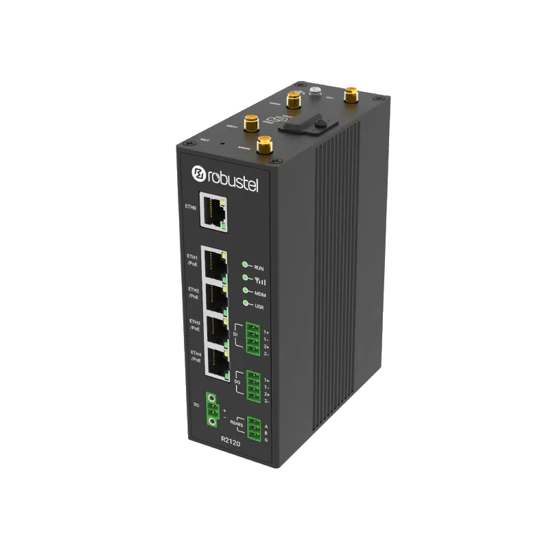 Routeur cellulaire industriel Robustel R2120 en boîtier aluminium avec quatre ports PoE