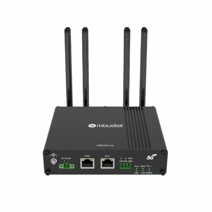 Routeur 5G compact Robustel R5020 Lite en boîtier métal plat, vue de trois quarts