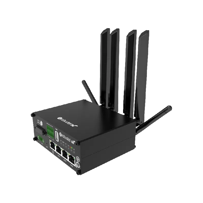 Routeur 5G industriel Robustel R5020 en boîtier métal avec connecteurs d'antennes