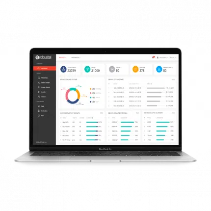 Tableau de bord de la plateforme cloud Robustel RCMS affiché sur un ordinateur portable