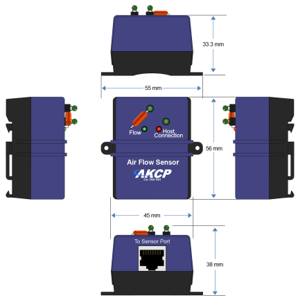 Plan coté du capteur de flux d'air AKCP AFS00, vues multiples