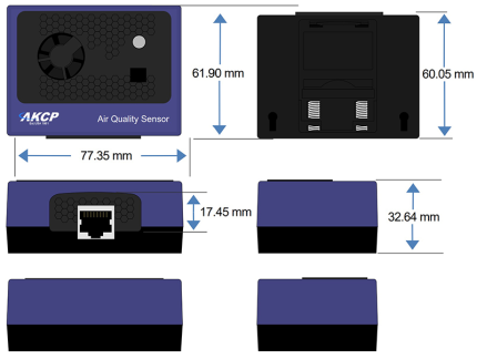 Plan coté du capteur de qualité de l'air AKCP AQS avec prise RJ45