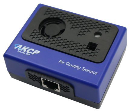 Capteur de qualité de l'air AKCP AQS avec prise RJ45, vue de trois quarts