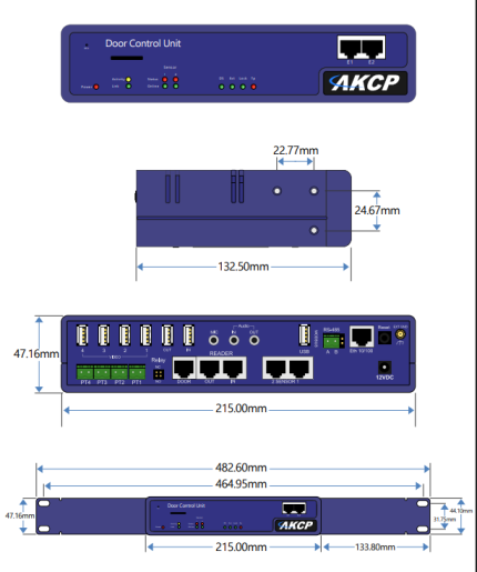 Plan coté AKCP Door Control Unit avec connectique arrière et équerres rack