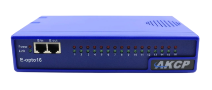 Module AKCP E-opto16 avec 16 voyants d'état et ports E-in E-out, vue de face