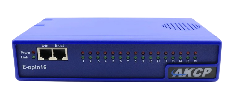 Module AKCP E-opto16 avec 16 voyants d'état et ports E-in E-out, vue de face Module AKCP E-opto16 avec 16 voyants d'état et ports E-in E-out, vue de face