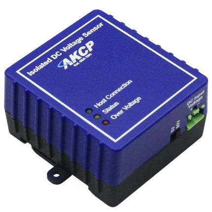 Voltmètre DC isolé AKCP IDCV, boîtier bleu avec trois LED d'état