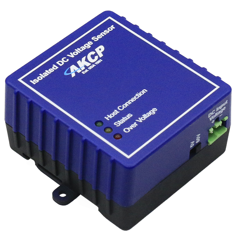 Voltmètre DC isolé AKCP IDCV, boîtier bleu avec trois LED d'état Voltmètre DC isolé AKCP IDCV, boîtier bleu avec trois LED d'état