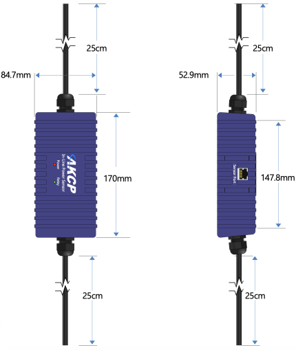 Plan coté du compteur en ligne AKCP ILPM, boîtier de 170 mm