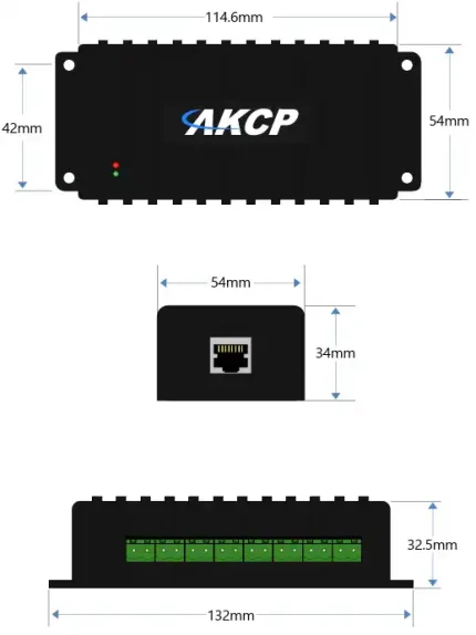 Plan coté du module AKCP IO-Digital8 avec prise RJ45 et borniers