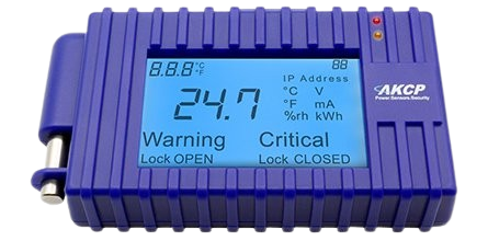 Afficheur LCD programmable AKCP rétroéclairé avec voyants d'alarme, vue de trois quarts Afficheur LCD programmable AKCP rétroéclairé avec voyants d'alarme, vue de trois quarts