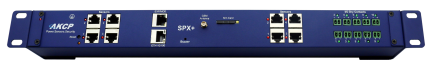 Façade rack 1U de la gamme AKCP sensorProbeX+ avec ports capteurs et contacts secs