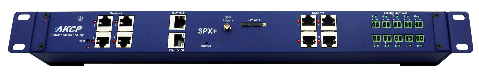 AKCP sensorProbeX+ avec modem 4G interne, connecteur d'antenne GSM et logement SIM Façade rack 1U de la gamme AKCP sensorProbeX+ avec ports capteurs et contacts secs