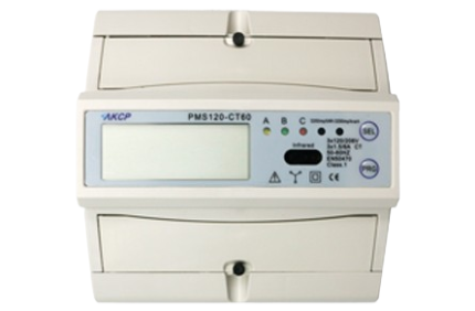 Face avant du compteur d'énergie triphasé AKCP PMS avec afficheur LCD