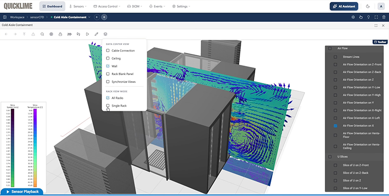 Interface Quicklime DCIM avec simulation des flux d'air sur une allée confinée Interface Quicklime DCIM avec simulation des flux d'air sur une allée confinée