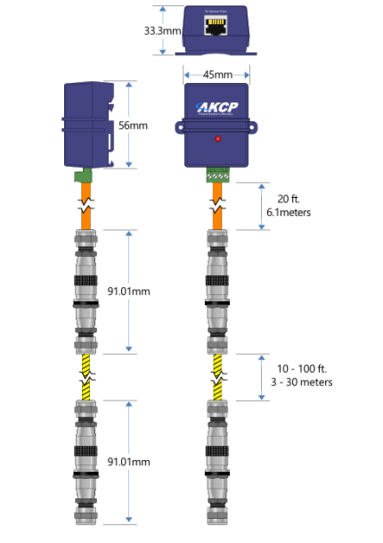 Plan coté du câble détecteur AKCP RWSC avec module et connecteurs d'extension