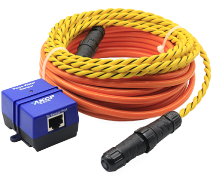 Câble détecteur de fuite d'eau AKCP ropeWater jaune et orange avec module RJ45