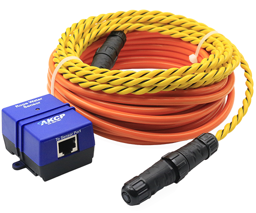 Câble détecteur de fuite d'eau AKCP ropeWater jaune et orange avec module RJ45 Câble détecteur de fuite d'eau AKCP ropeWater jaune et orange avec module RJ45