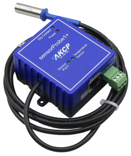 AKCP sensorProbe1+ vu de dessus avec bornier contact sec et port capteur RJ45