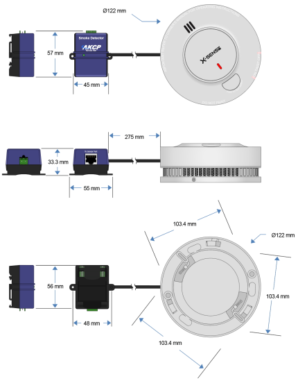 Plan coté du détecteur de fumée AKCP SK00 et de son module d'interface