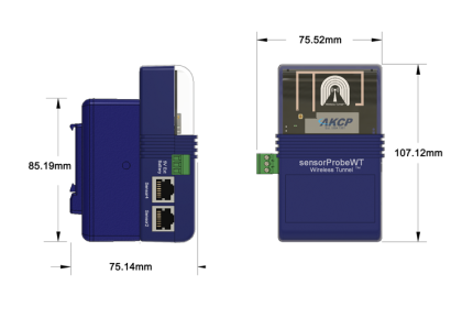 Plan coté du nœud AKCP SP-WT équipé du pack batterie externe SP-WT-EXTBAT