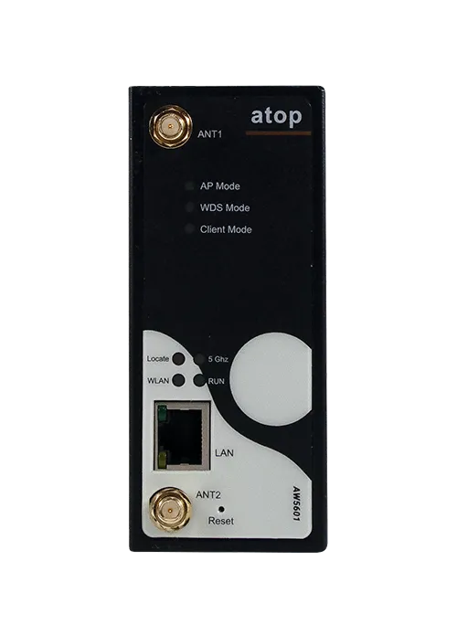 Point d'accès Wi-Fi industriel ATOP AW5601 avec port LAN et voyants, vue de face Point d'accès Wi-Fi industriel ATOP AW5601 avec port LAN et voyants, vue de face