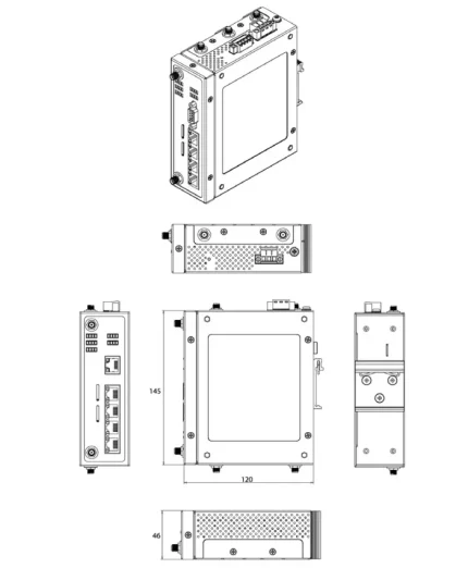Plan coté du routeur ATOP AWR5805 en boîtier métal pour rail DIN