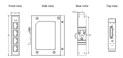 Plan coté du switch ATOP EH2304-PR vues de face, côté, arrière et dessus