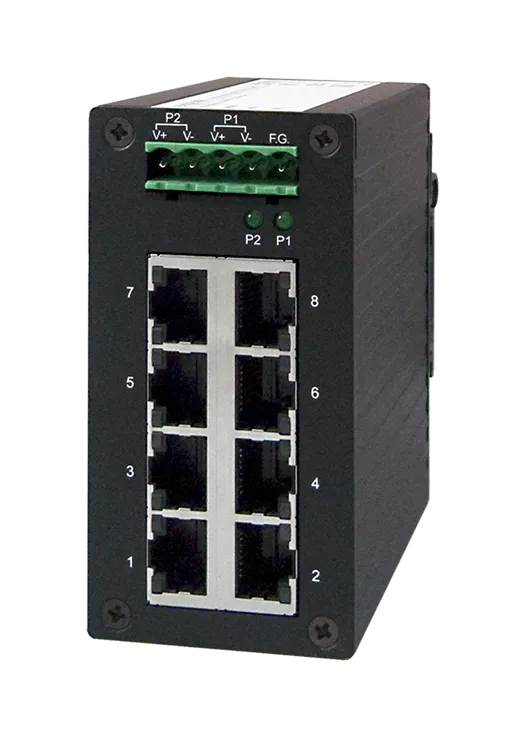 Switch Gigabit industriel ATOP EHG2308 8 ports en boîtier aluminium, vue de face Switch Gigabit industriel ATOP EHG2308 8 ports en boîtier aluminium, vue de face