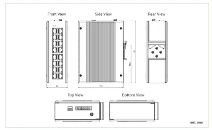 Plan coté du switch Gigabit 16 ports ATOP EHG2316C pour rail DIN